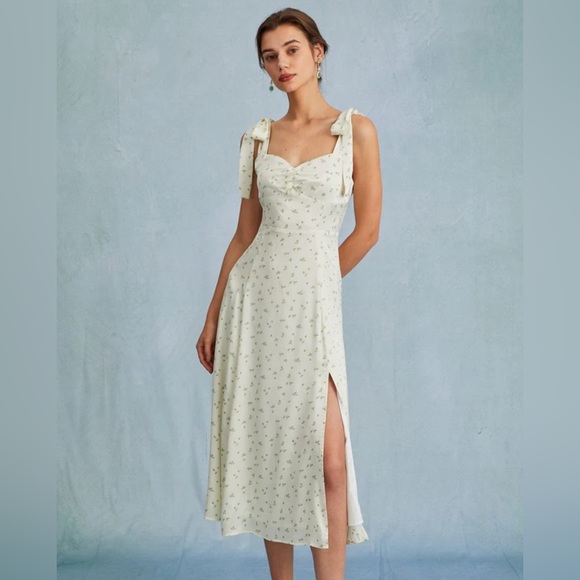RIHOAS Dresses & Skirts - NWT RIHOAS The Light Green Satin Floral Tie Strap Slit Midi Dress